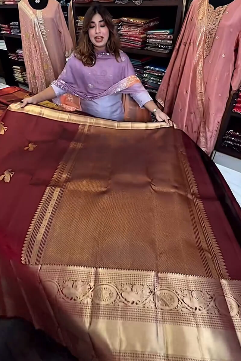 Majesty Wine Soft Banarasi Silk Saree With Blissful Blouse Piece