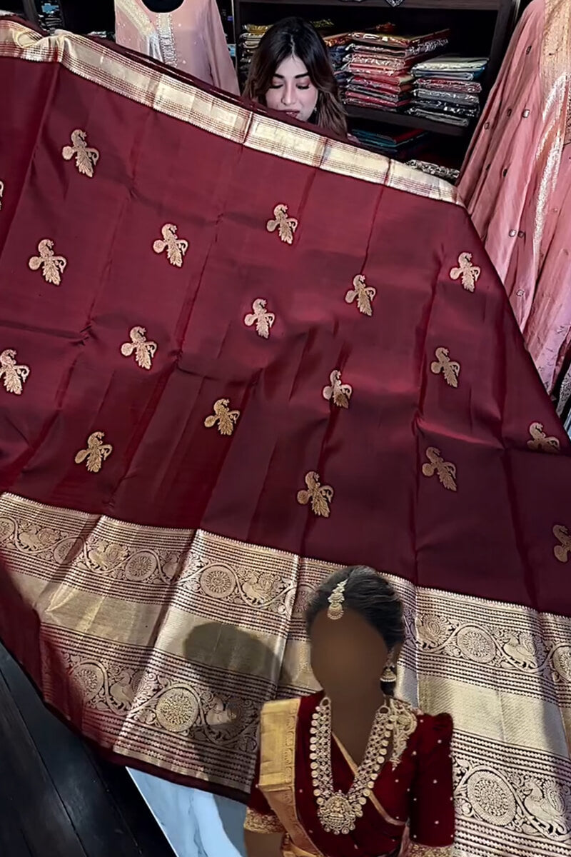 Majesty Wine Soft Banarasi Silk Saree With Blissful Blouse Piece