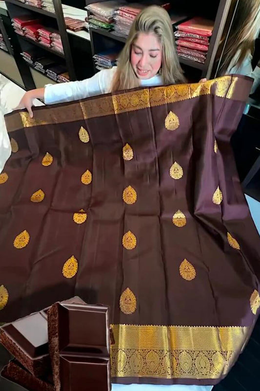 Brood Brown Soft Banarasi Silk Saree With Fancifull Blouse Piece
