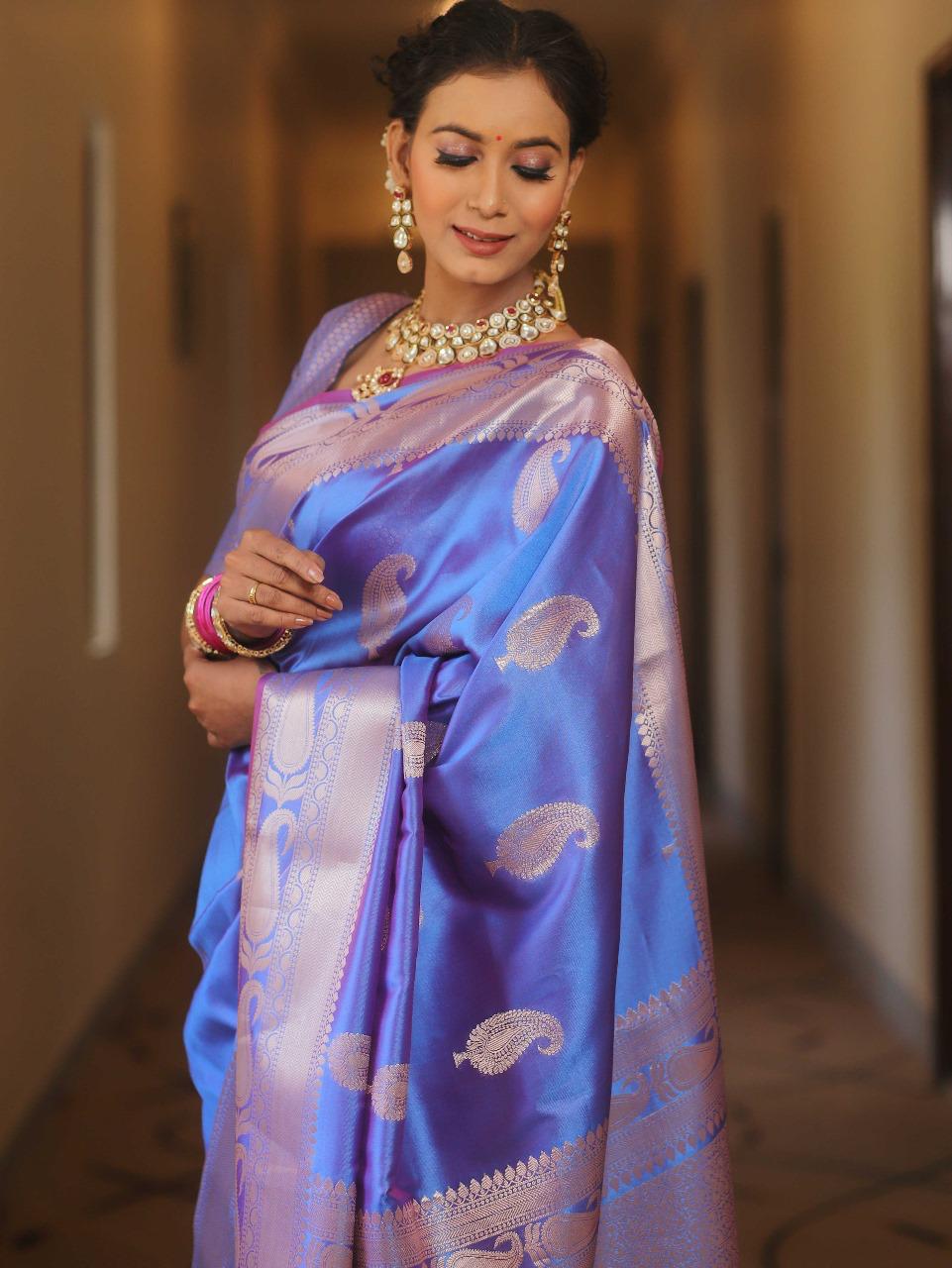 Fairytale Blue Soft Banarasi Silk Saree With Exuberant Blouse Piece