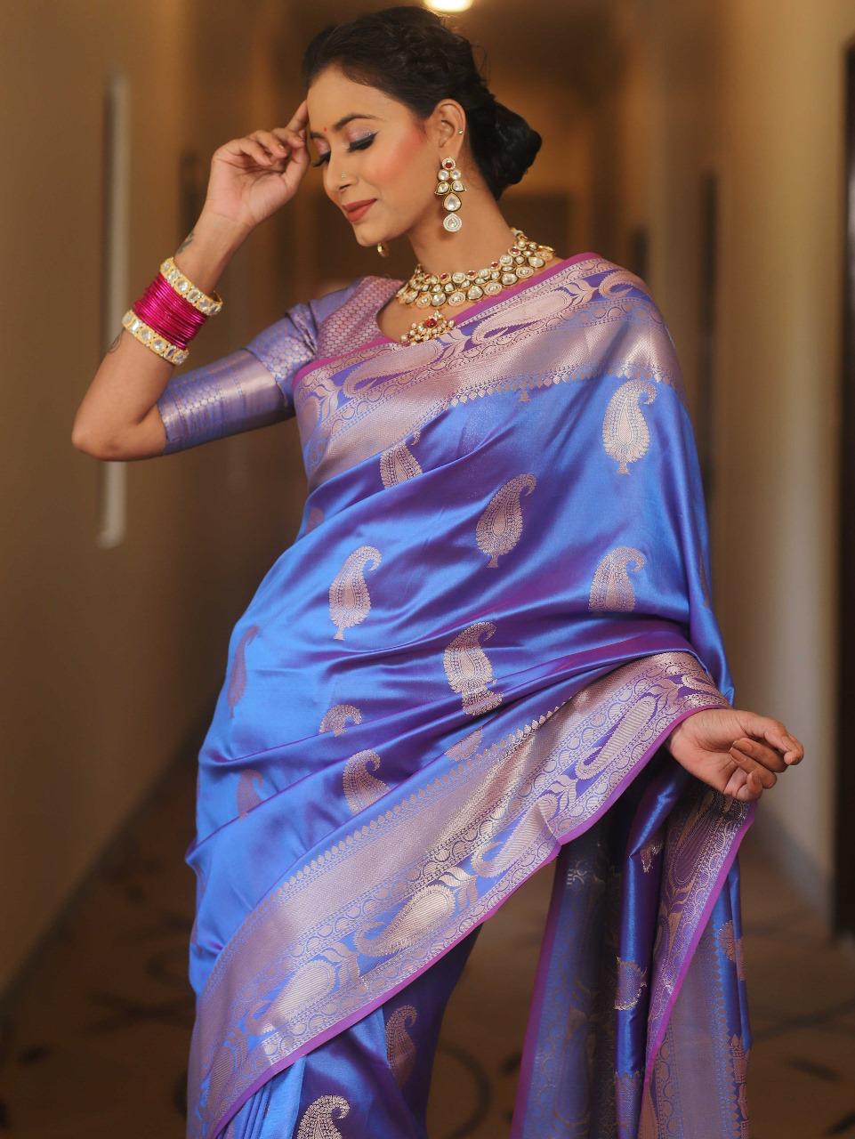Fairytale Blue Soft Banarasi Silk Saree With Exuberant Blouse Piece