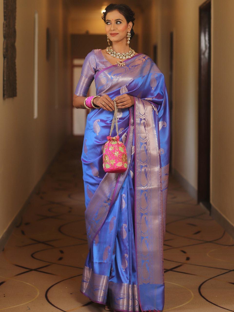 Fairytale Blue Soft Banarasi Silk Saree With Exuberant Blouse Piece