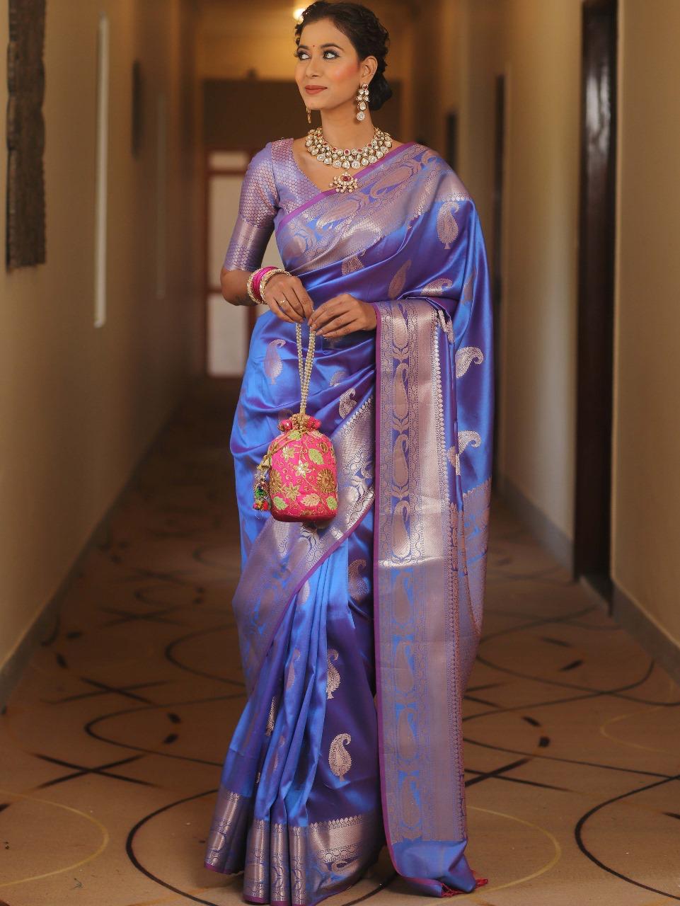 Fairytale Blue Soft Banarasi Silk Saree With Exuberant Blouse Piece