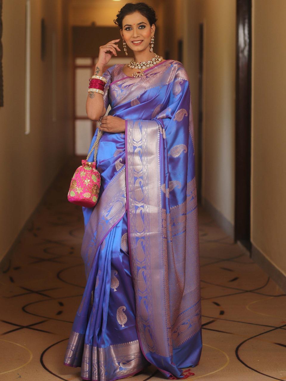 Fairytale Blue Soft Banarasi Silk Saree With Exuberant Blouse Piece