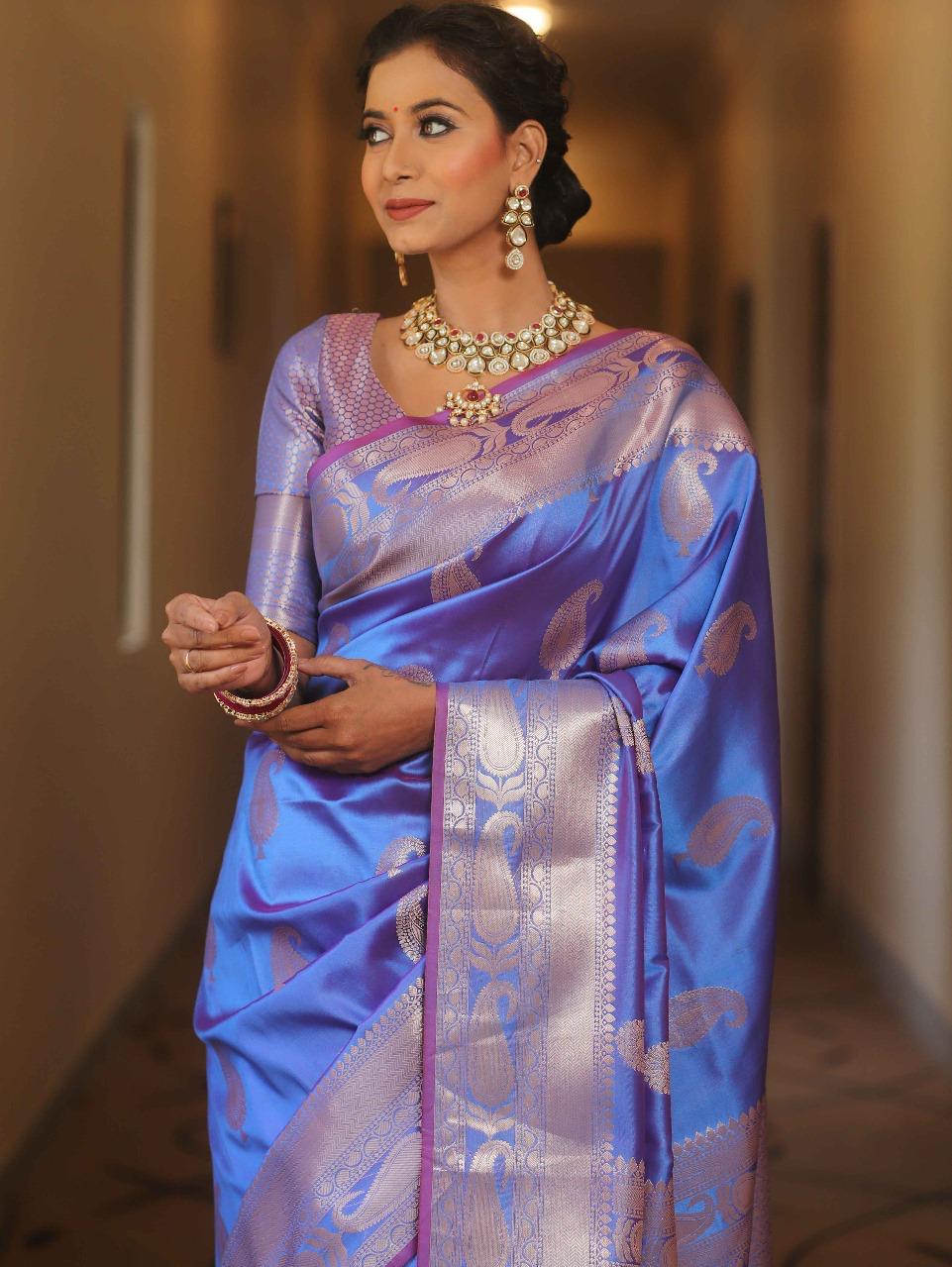 Fairytale Blue Soft Banarasi Silk Saree With Exuberant Blouse Piece