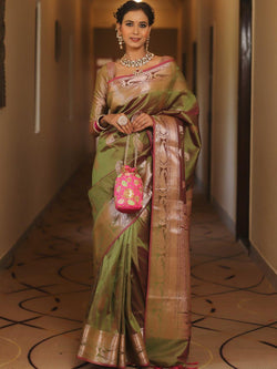Divine Mehndi Soft Banarasi Silk Saree With Classy Blouse Piece