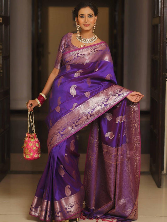 Sensational Purple Soft Banarasi Silk Saree With Luxuriant Blouse Piece