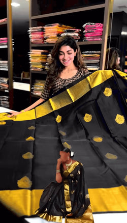 Luxuriant Black Soft Banarasi Silk Saree With Demanding Blouse Piece