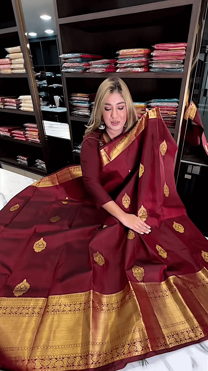 Elision Maroon Soft Banarasi Silk Saree With Gossamer Blouse Piece