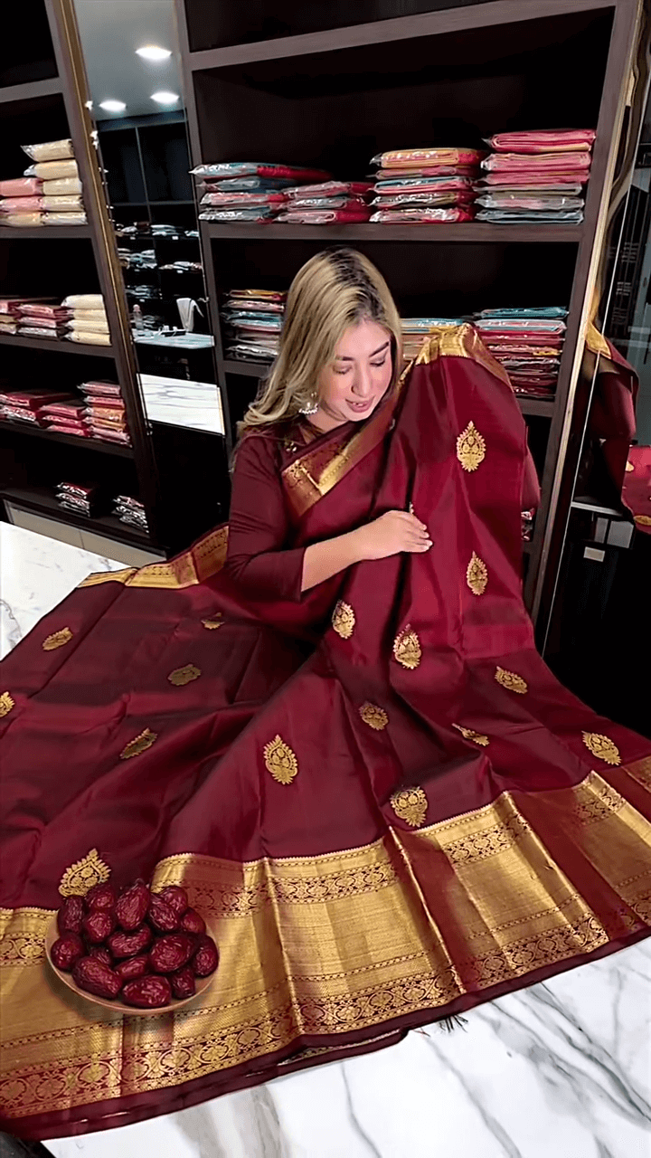 Elision Maroon Soft Banarasi Silk Saree With Gossamer Blouse Piece