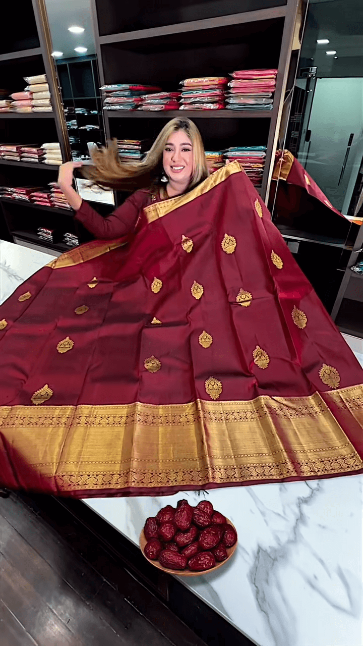 Elision Maroon Soft Banarasi Silk Saree With Gossamer Blouse Piece