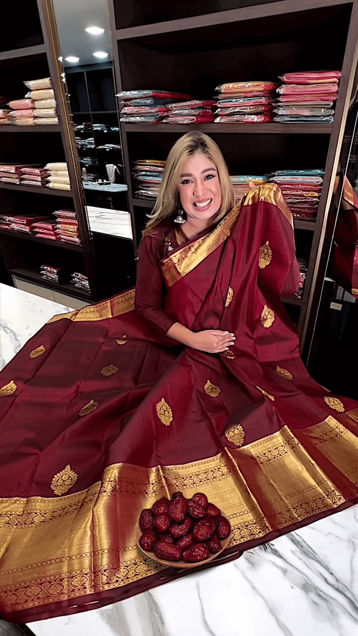 Elision Maroon Soft Banarasi Silk Saree With Gossamer Blouse Piece