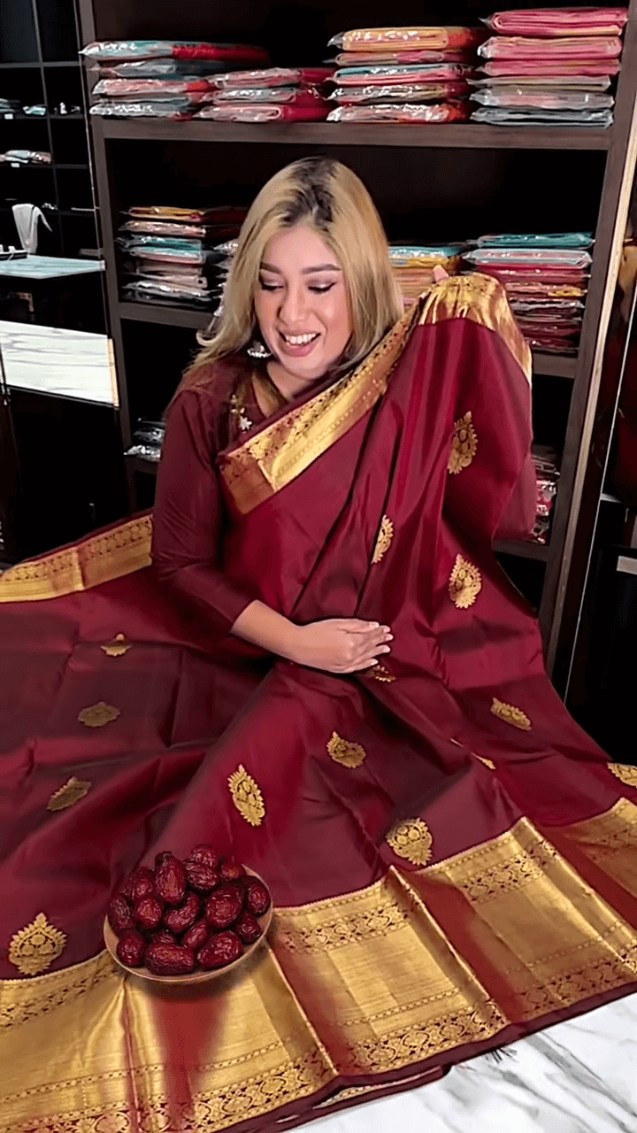 Elision Maroon Soft Banarasi Silk Saree With Gossamer Blouse Piece