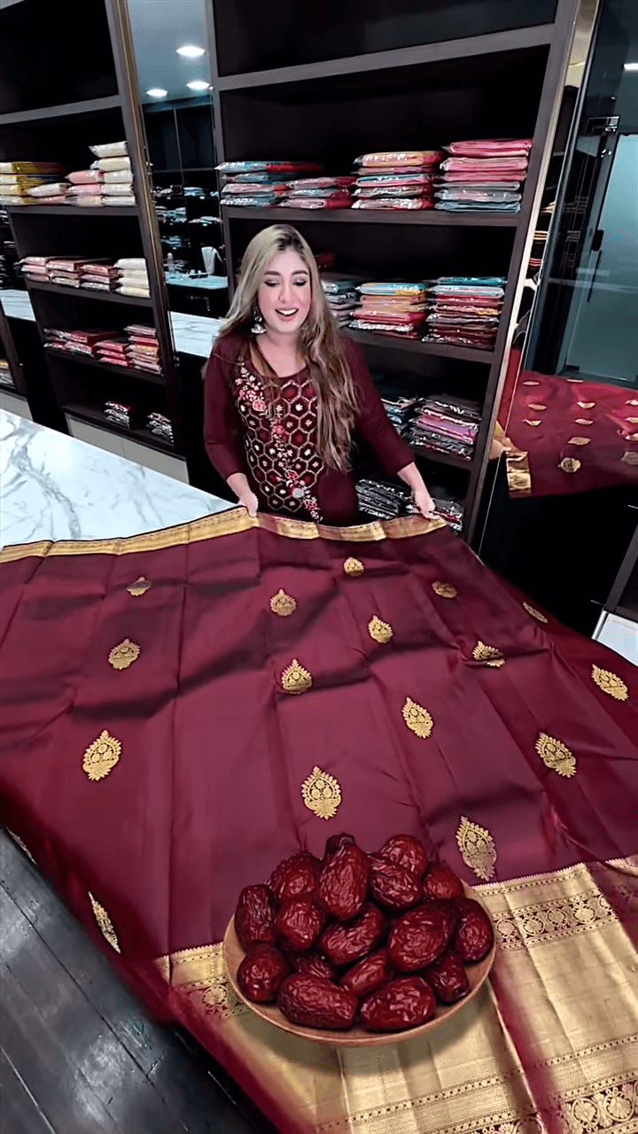 Elision Maroon Soft Banarasi Silk Saree With Gossamer Blouse Piece