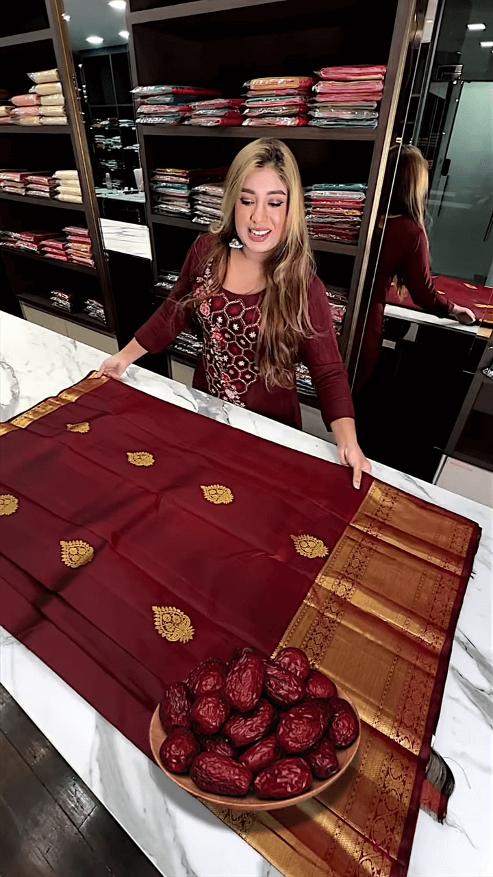Elision Maroon Soft Banarasi Silk Saree With Gossamer Blouse Piece