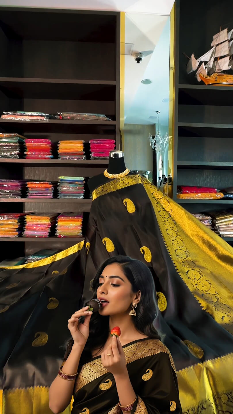 Intricate Black Soft Banarasi Silk Saree With Energetic Blouse Piece