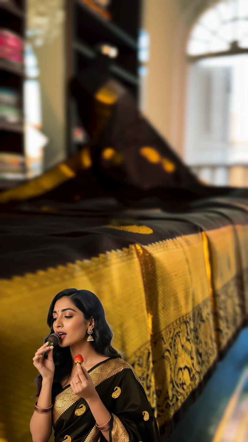 Intricate Black Soft Banarasi Silk Saree With Energetic Blouse Piece