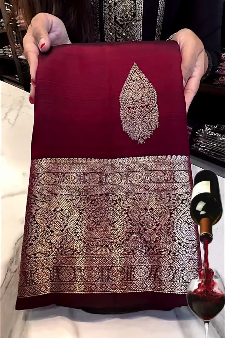 Symmetrical Wine Soft Banarasi Silk Saree With Angelic Blouse Piece