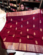 Symmetrical Wine Soft Banarasi Silk Saree With Angelic Blouse Piece