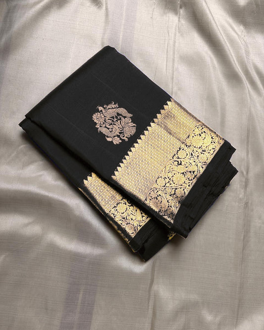 Dalliance Black Soft Banarasi Silk Saree With Innovative Blouse Piece