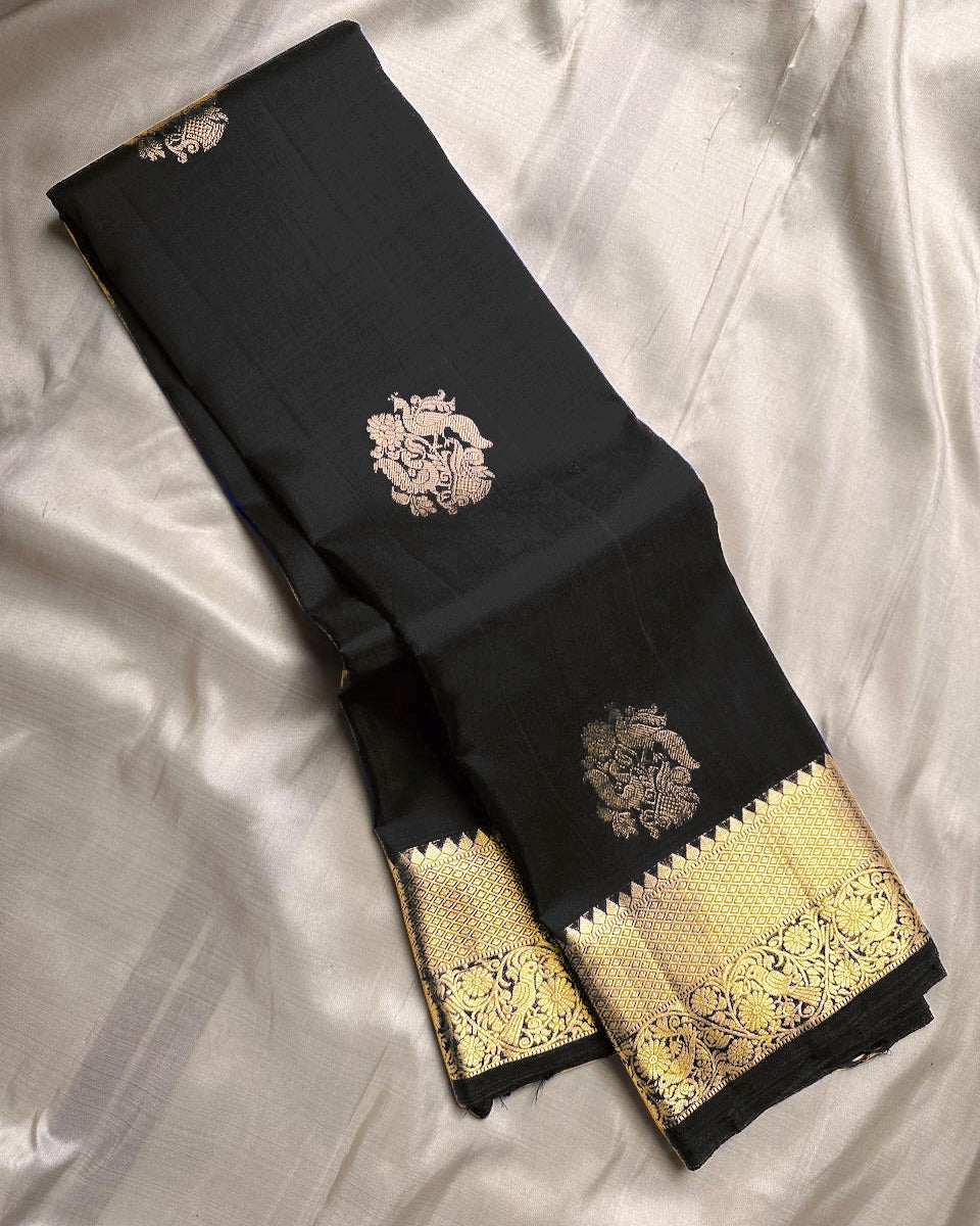 Dalliance Black Soft Banarasi Silk Saree With Innovative Blouse Piece
