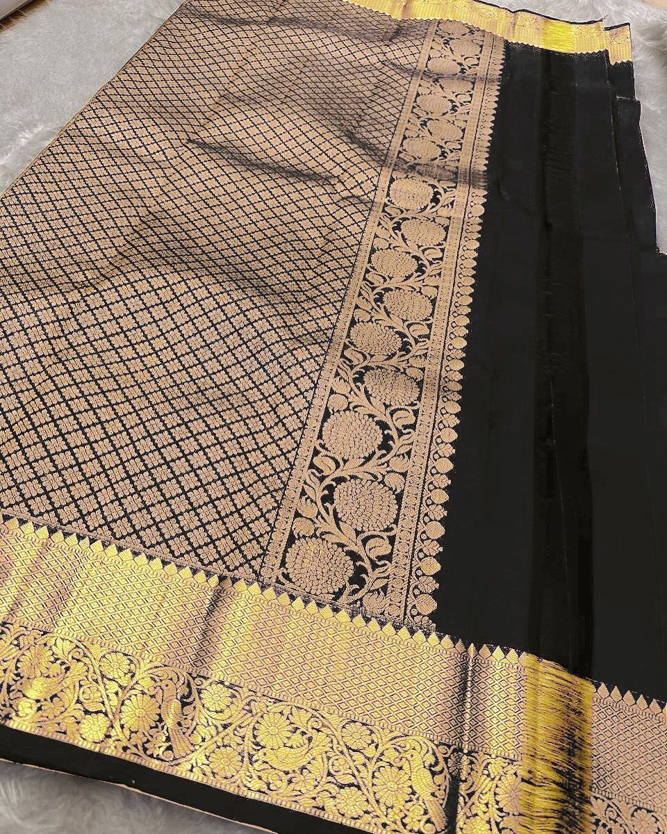 Dalliance Black Soft Banarasi Silk Saree With Innovative Blouse Piece