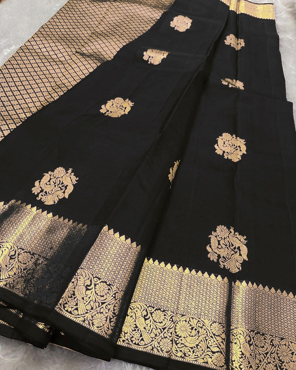 Dalliance Black Soft Banarasi Silk Saree With Innovative Blouse Piece