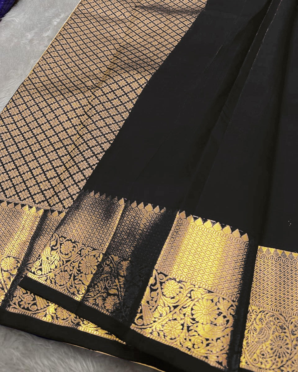 Dalliance Black Soft Banarasi Silk Saree With Innovative Blouse Piece