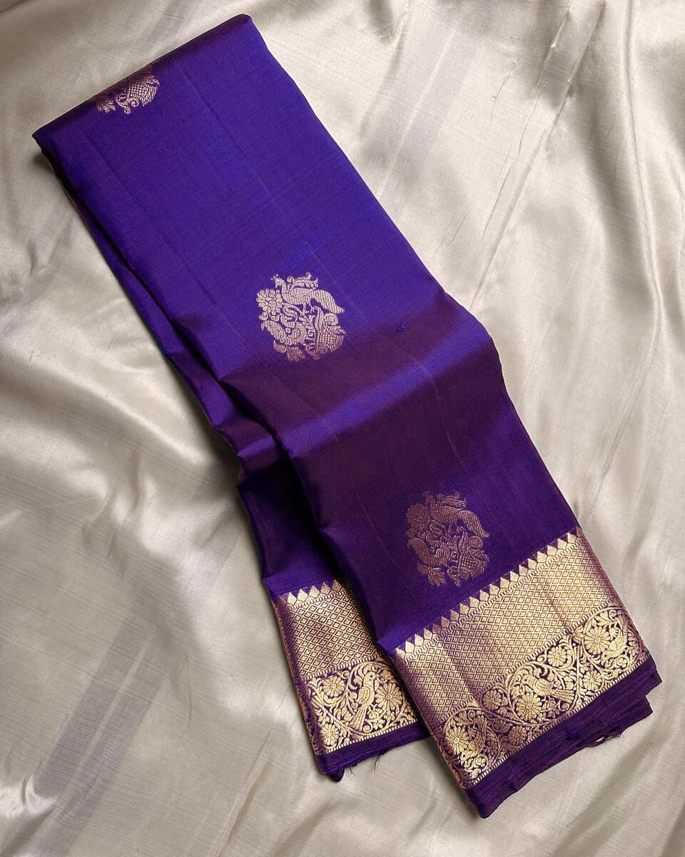 Seraphic Royal Blue Soft Banarasi Silk Saree With Blooming Blouse Piece
