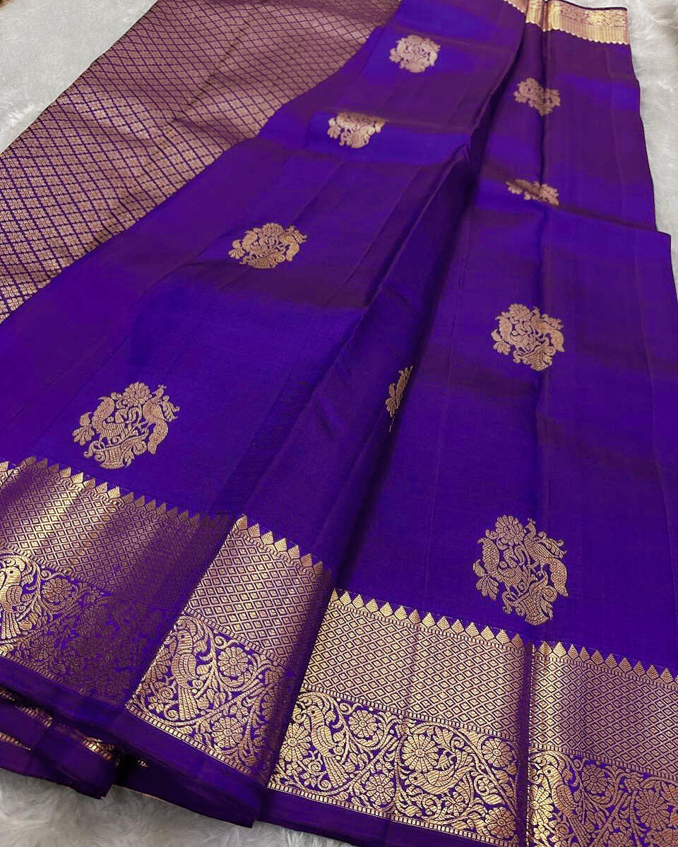 Seraphic Royal Blue Soft Banarasi Silk Saree With Blooming Blouse Piece