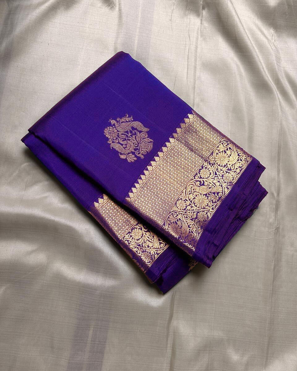Seraphic Royal Blue Soft Banarasi Silk Saree With Blooming Blouse Piece