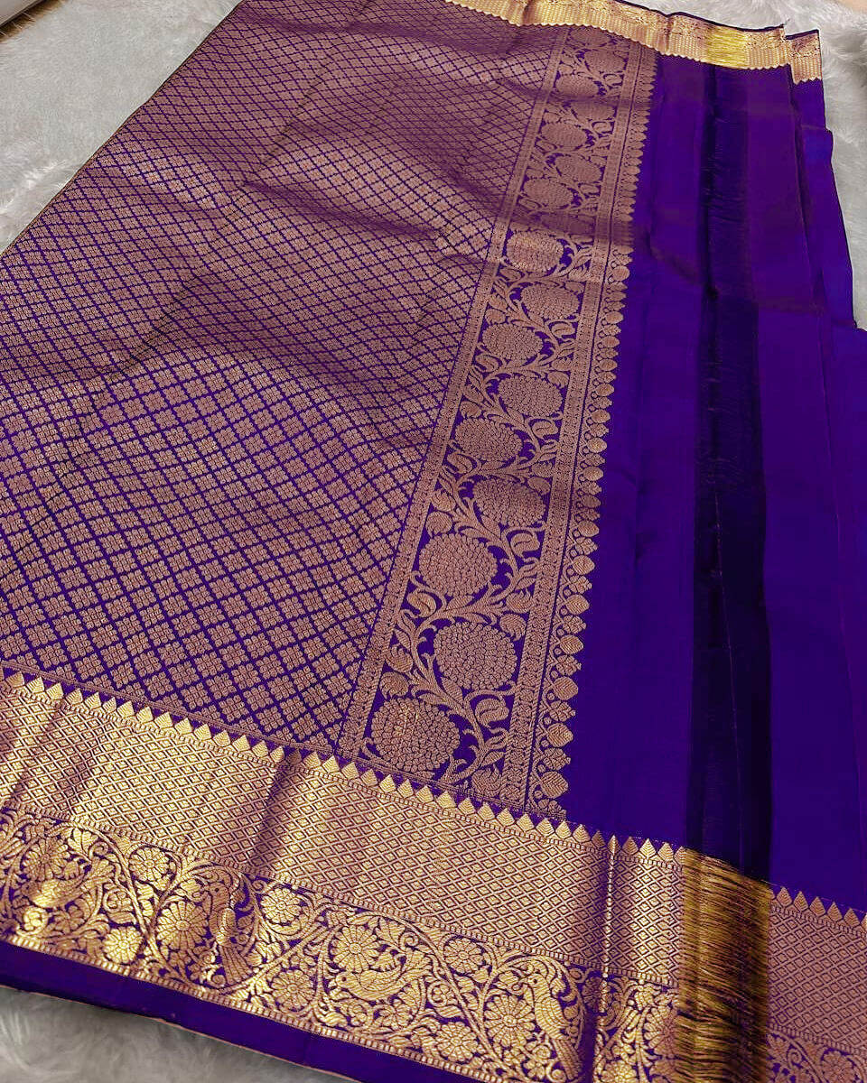 Seraphic Royal Blue Soft Banarasi Silk Saree With Blooming Blouse Piece