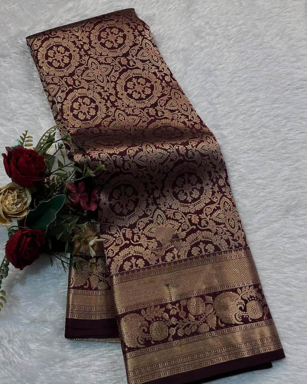 Sizzling Wine Soft Banarasi Silk Saree With Prodigal Blouse Piece