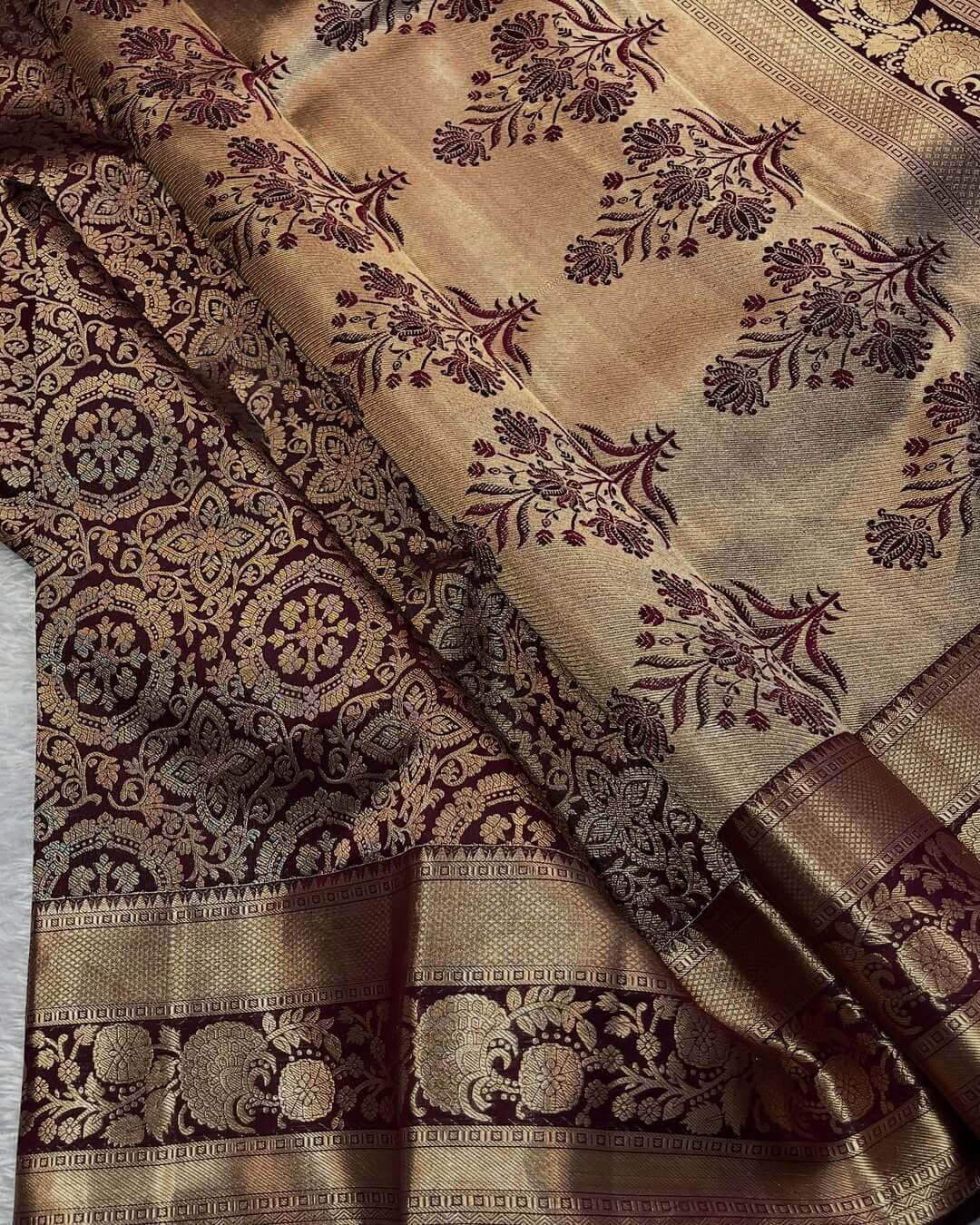 Sizzling Wine Soft Banarasi Silk Saree With Prodigal Blouse Piece