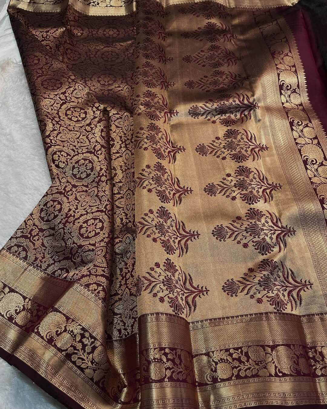 Sizzling Wine Soft Banarasi Silk Saree With Prodigal Blouse Piece
