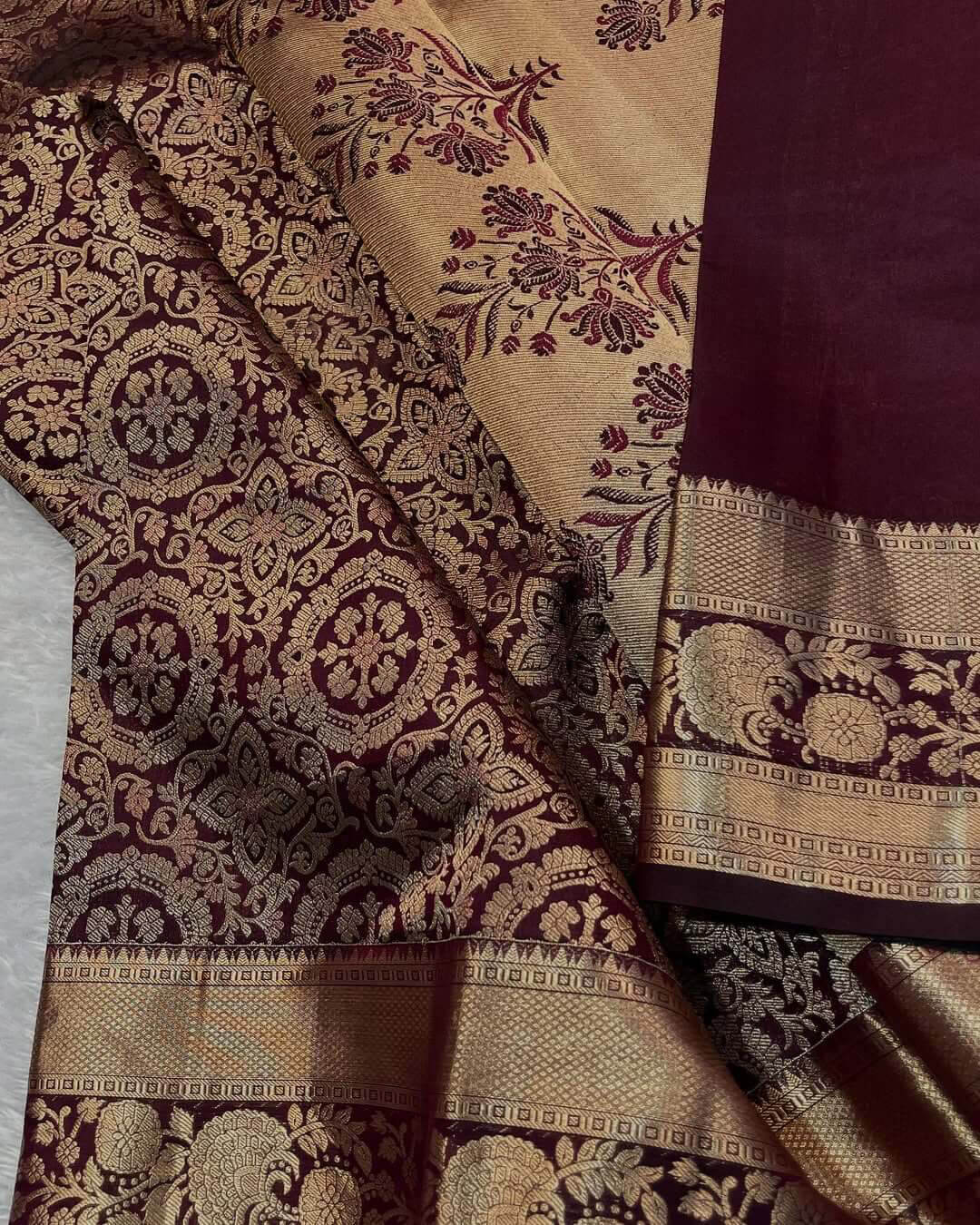 Sizzling Wine Soft Banarasi Silk Saree With Prodigal Blouse Piece