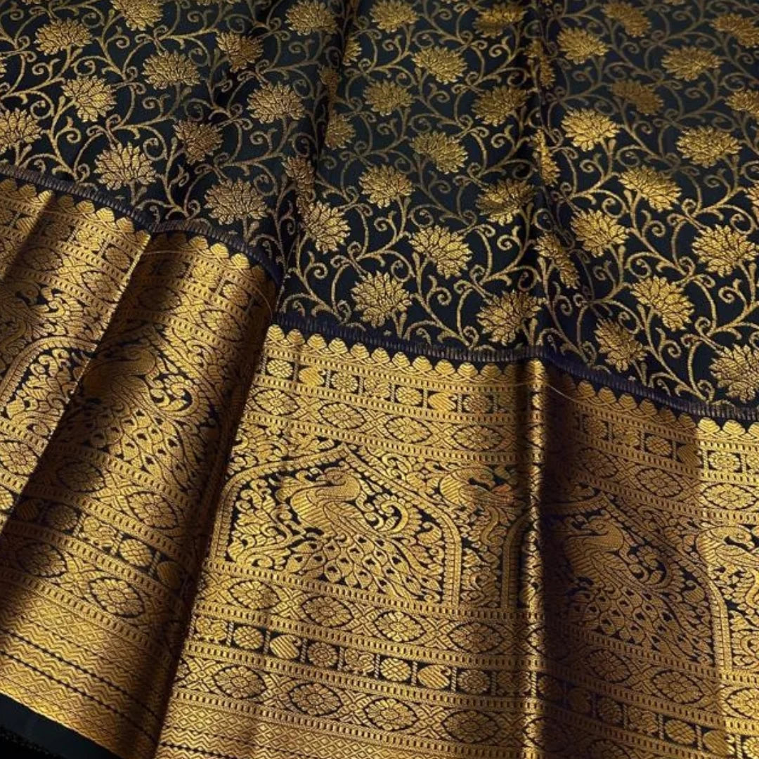 Unequalled Black Soft Banarasi Silk Saree With Piquant Blouse Piece