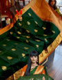Majesty Dark Green Soft Banarasi Silk Saree With Mesmeric Blouse Piece