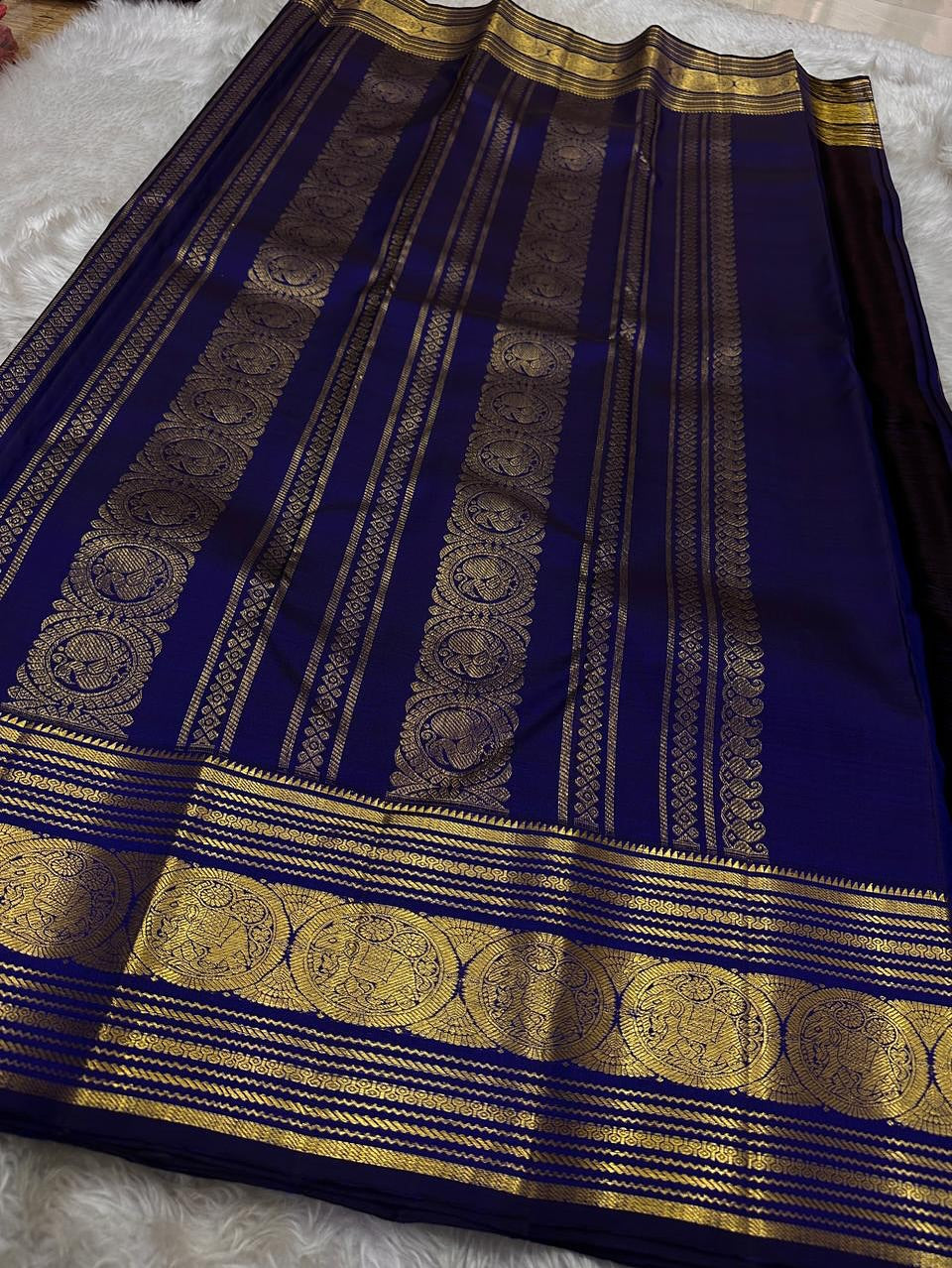 Arresting Navy Blue Soft Banarasi Silk Saree With Conflate Blouse Piece