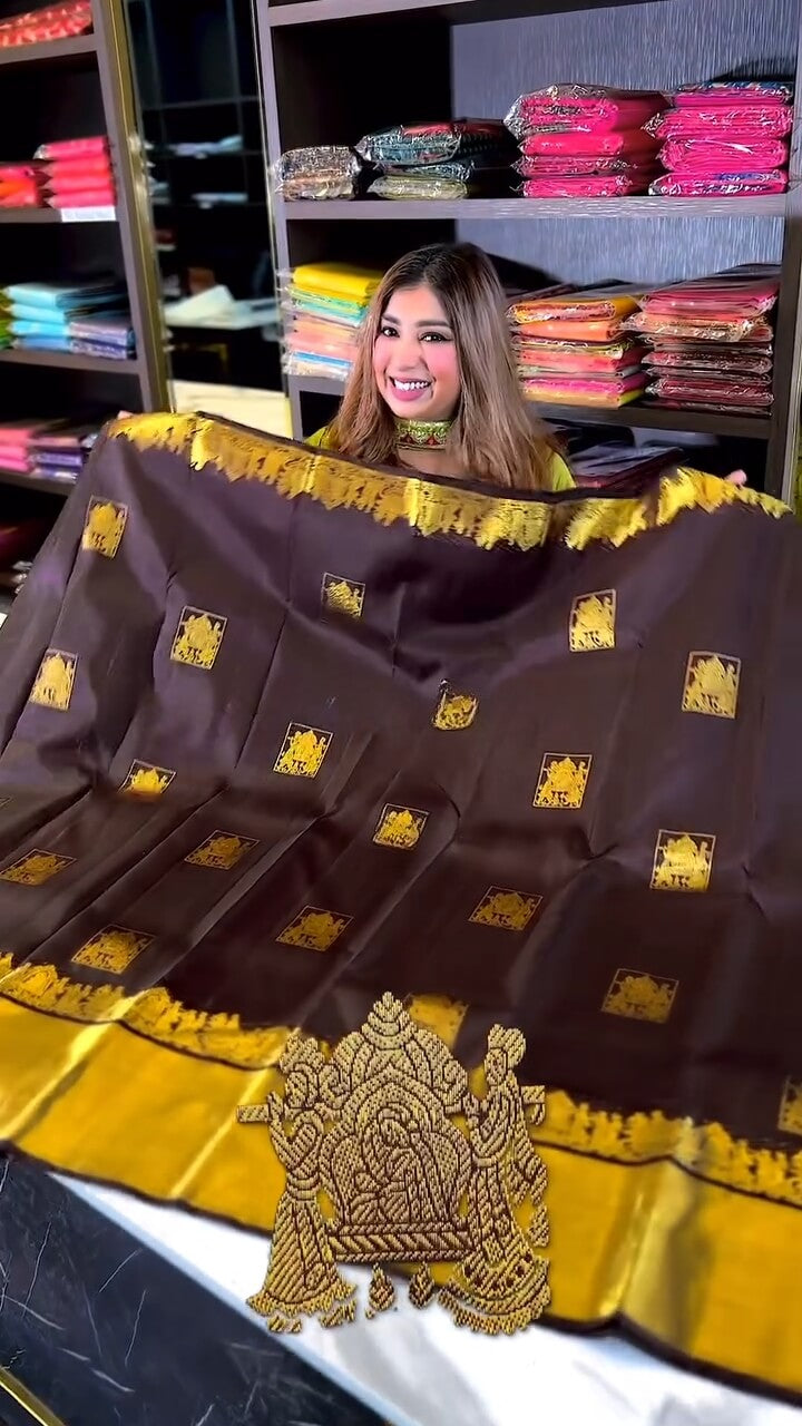 Seraglio Brown Soft Banarasi Silk Saree With Demesne Blouse Piece