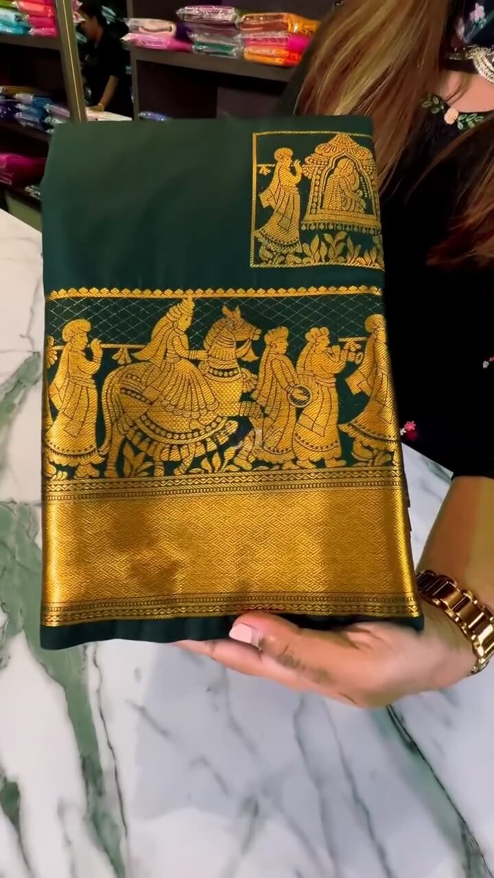 Fancifull Dark Green Soft Banarasi Silk Saree With Demanding Blouse Piece