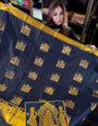 Effulgent Navy Blue Soft Banarasi Silk Saree With Diaphanous Blouse Piece