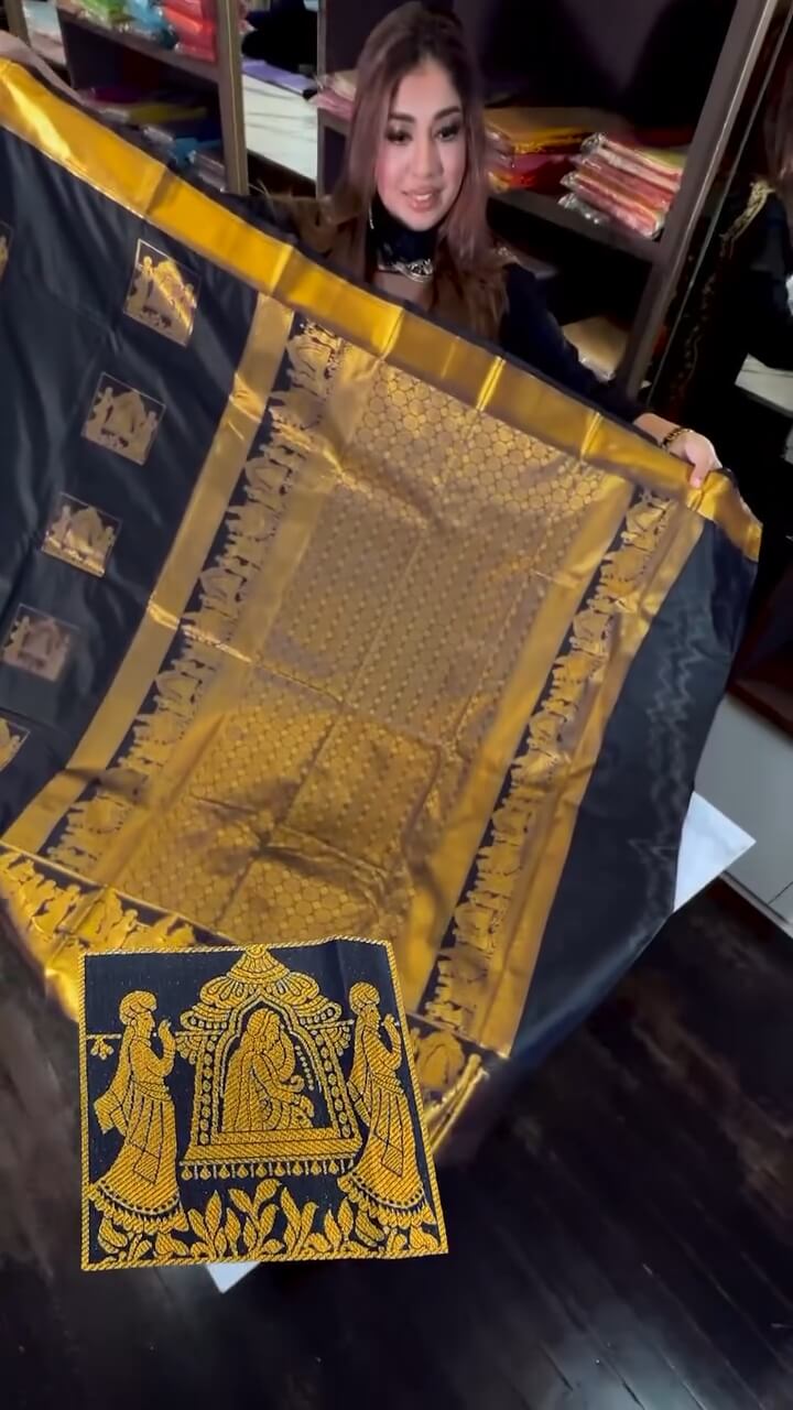 Effulgent Navy Blue Soft Banarasi Silk Saree With Diaphanous Blouse Piece