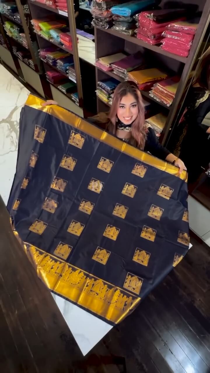 Effulgent Navy Blue Soft Banarasi Silk Saree With Diaphanous Blouse Piece