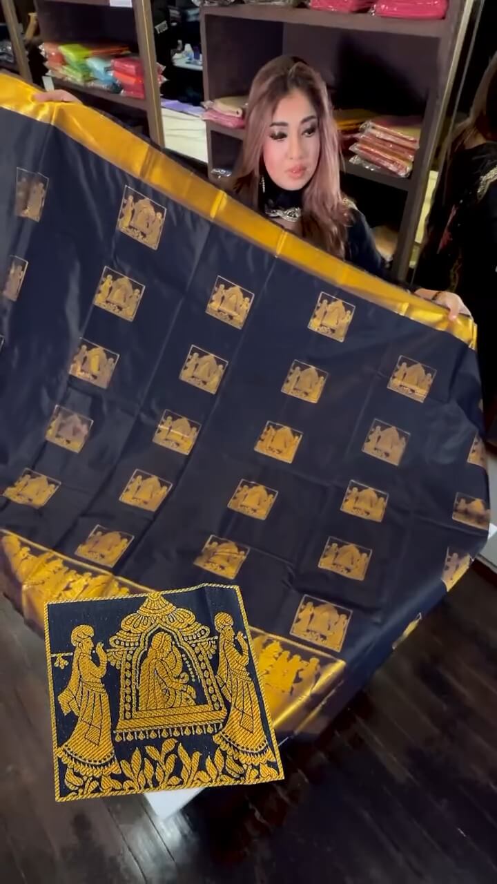 Effulgent Navy Blue Soft Banarasi Silk Saree With Diaphanous Blouse Piece