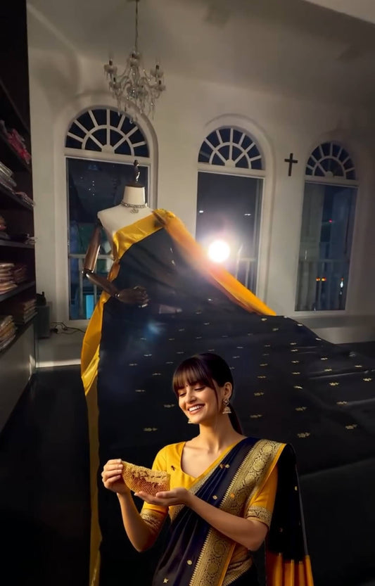 Ethnic Black Soft Banarasi Silk Saree With Conflate Blouse Piece