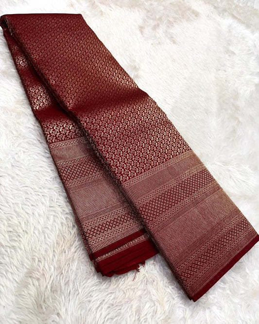 Lustrous Wine Soft Banarasi Silk Saree With Beauteous Blouse Piece