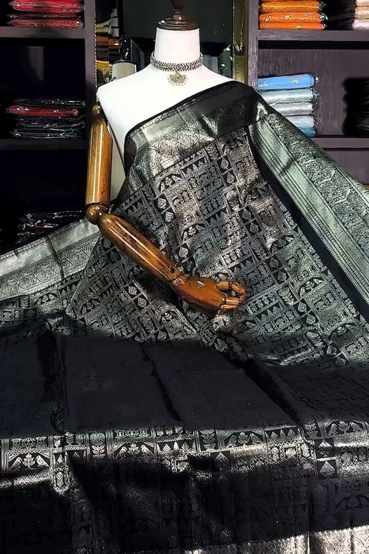 Ratatouille Black Soft Banarasi Silk Saree With Tantalizing Blouse Piece