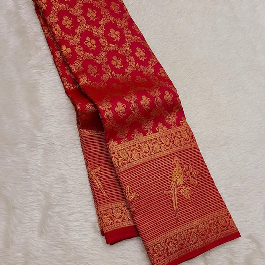 Lissome Red Pure Zari Weaving Banarasi Silk Saree With Imbrication Blouse Piece