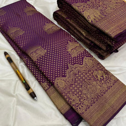 Most Flattering Purple Pure Zari Weaving Banarasi Silk Saree With Forbearance Blouse Piece